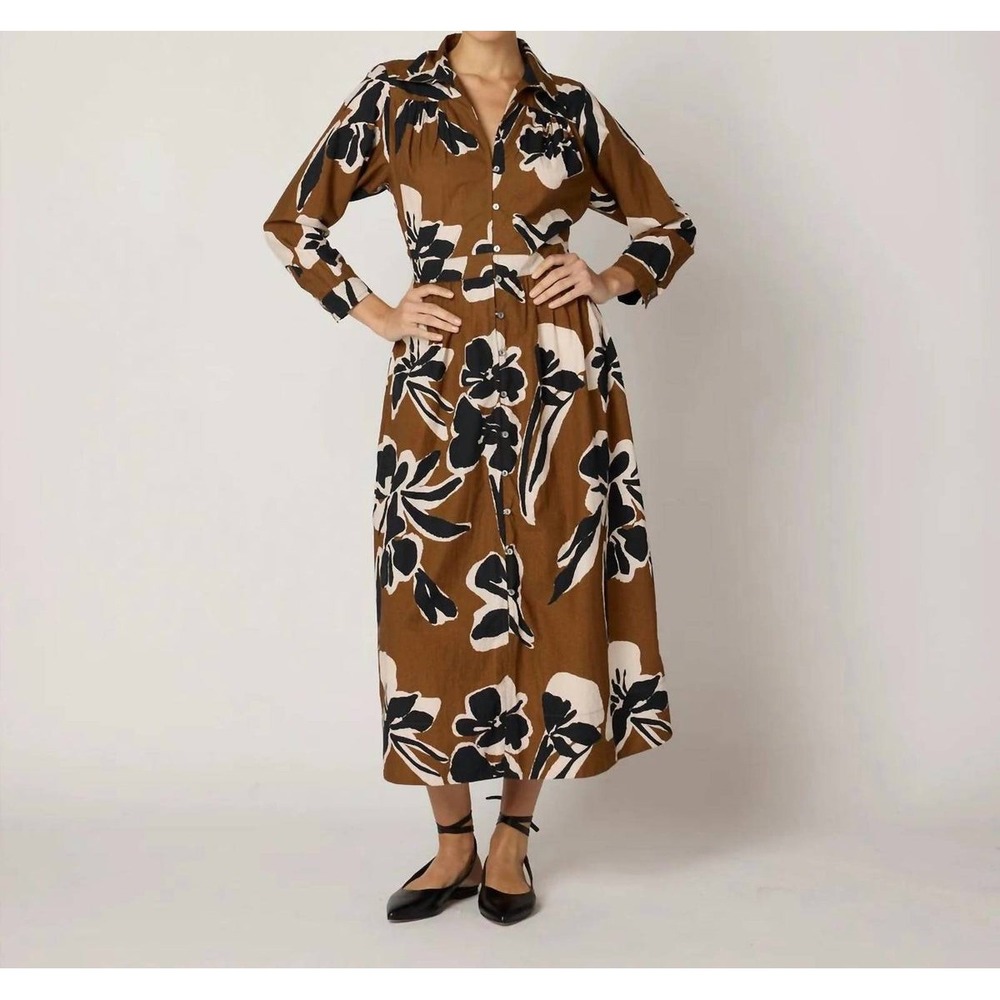 Cleobella Floral Cotton Poplin Midi Shirt Dress Brown Black Long Sleeve Pockets